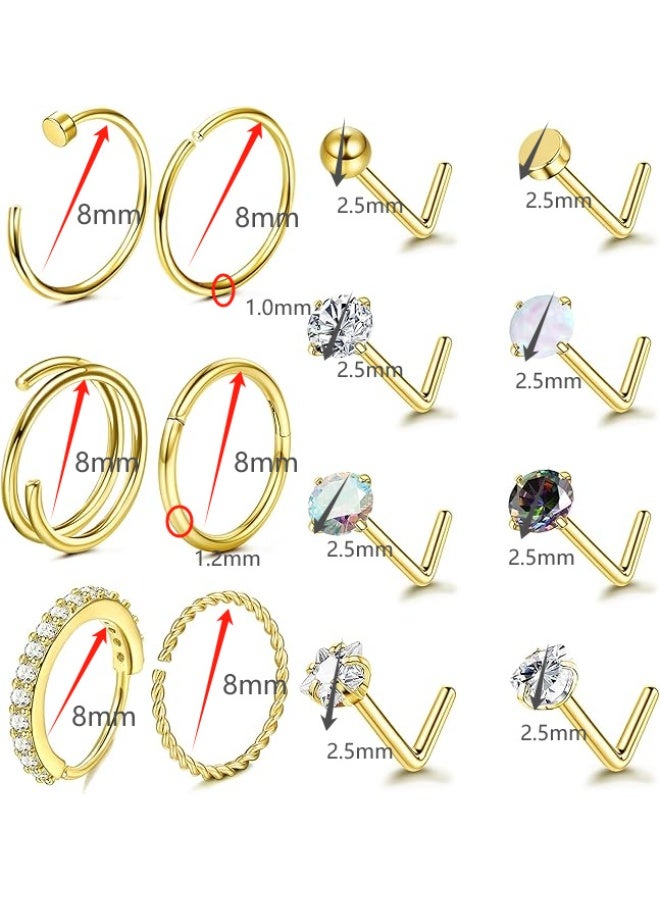 أوليس فيرس  مجموعة 14 قطعة من خواتم وبراغم الأنف الذهبية - فولاذ التيتانيوم غير مسبب للحساسية، براغم أنف على شكل L ومنحنية، مجوهرات ثقب الأنف المزينة بالكريستال الملون للنساء والرجال - Image 2